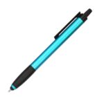 A turquoise ballpoint pen with a black grip and clip, featuring a retractable push button on top. The pen is diagonally positioned against a white background.