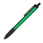 A green ballpoint pen with a black grip and clip, featuring a retractable tip. The pen has a metallic finish and is positioned diagonally against a plain white background.