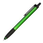 A green ballpoint pen with a metallic finish, featuring a black grip and clip. The pen is shown diagonally with the tip pointing to the bottom left.