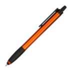 A retractable ballpoint pen with an orange metallic body, black grip, and black clip against a white background.