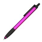 A pink ballpoint pen with a black grip and clip is shown against a white background.