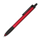 A red and black retractable ballpoint pen with a clip. The pen has a sleek metallic finish and a black grip at the bottom, next to the pen tip.