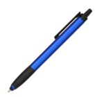 A blue ballpoint pen with a black clip and grip, featuring a retractable mechanism.