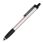 A silver metallic pen with a black grip and clip, featuring a retractable tip, is positioned diagonally against a white background.