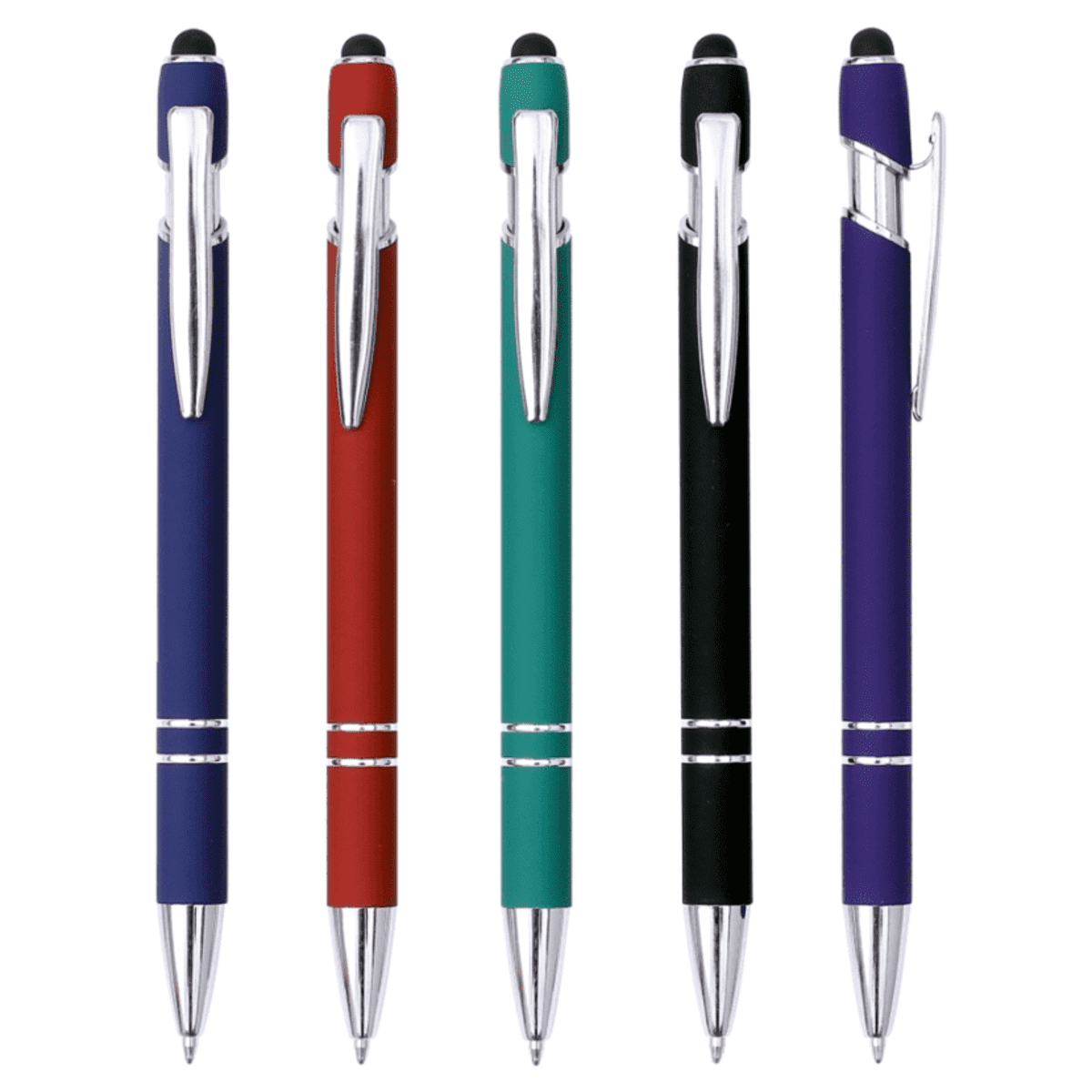 Five pens with stylus ends are arranged vertically. From left to right, they are blue, red, green, black, and purple. Each pen has a silver clip and decorative rings near the tip.