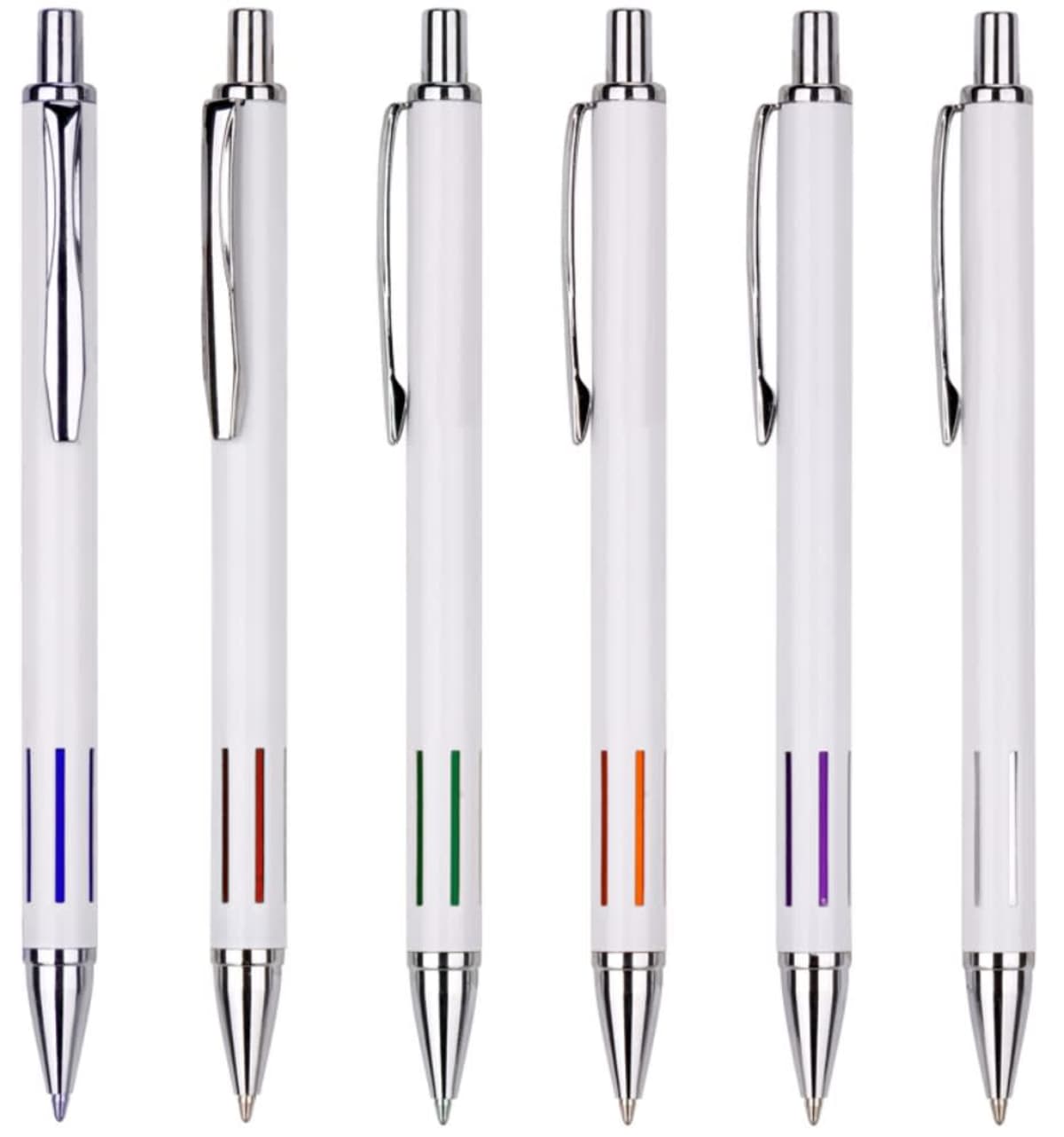 Six white ballpoint pens with silver clips and tips are aligned vertically. Each pen features two bands in different colors: blue, red, green, orange, purple, and black.