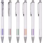 Six white pens with silver clips and tips, each featuring different colored accents near the bottom: blue, red, green, orange, purple, and black. The pens are neatly arranged upright in a row.
