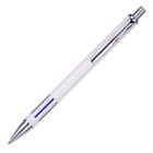 A sleek white ballpoint pen with silver accents, including a clip and tip. The pen has blue markings near the tip and a click mechanism at the top for retracting the writing tip.