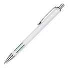 A white retractable ballpoint pen with a silver clip and accents, featuring two vertical green stripes near the tip.