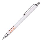 A sleek white ballpoint pen with a silver clip and tip. The pen features two vertical orange stripes near the grip area. It has a push-button mechanism at the top.