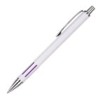 A white retractable ballpoint pen with silver accents and a pocket clip, featuring two thin purple stripes near the grip. The pen is placed against a plain white background.