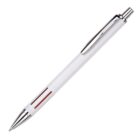 A sleek white ballpoint pen with a metallic clip and tip, featuring red accent lines near the end. The pen has a click mechanism at the top for extending and retracting the pen tip.