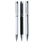 Three ballpoint pens are lined up vertically. The pens feature shiny silver clips and tips. The barrels are white, black, and gray from left to right.