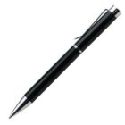 A sleek black ballpoint pen with a shiny silver tip and clip, positioned diagonally on a plain white background. The pen features a chrome accent band near the top.