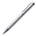 A sleek silver ballpoint pen with a chrome clip and tip, positioned diagonally on a white background.