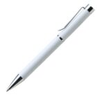 A sleek white ballpoint pen with silver accents, featuring a clip on its side.