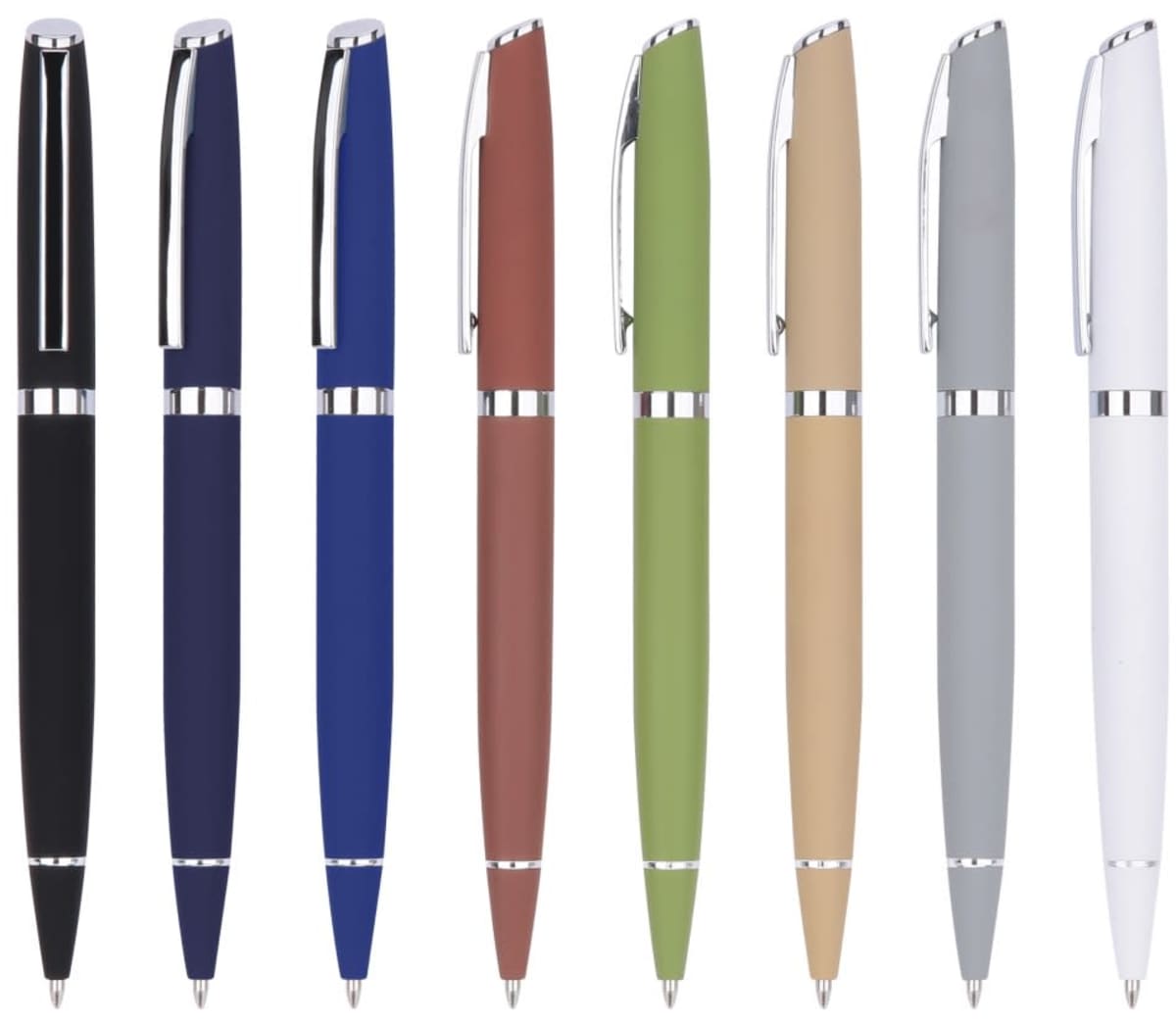 A row of eight ballpoint pens in various colors: black, navy blue, royal blue, burgundy, green, beige, gray, and white. Each pen has silver accents and a clip on the cap.