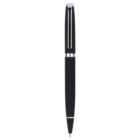 A sleek black pen with silver accents and a silver clip, shown against a white background. The pens cap is on, and the tip is visible.