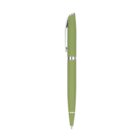 A sleek, light green pen with silver accents and a clip, displayed vertically against a white background.