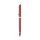 A sleek brown pen with silver accents and a clip, positioned vertically against a white background.