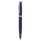 A navy blue ballpoint pen with silver accents, including a clip and trim, positioned upright against a white background.