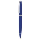 A blue ballpoint pen with a silver clip and accents, shown against a plain white background.