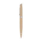 A sleek, tan-colored ballpoint pen with silver accents on the clip, middle band, and tip. The pen is vertically positioned against a white background.