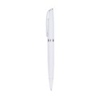 A sleek, white ballpoint pen with silver accents and a pocket clip, positioned vertically against a plain white background.