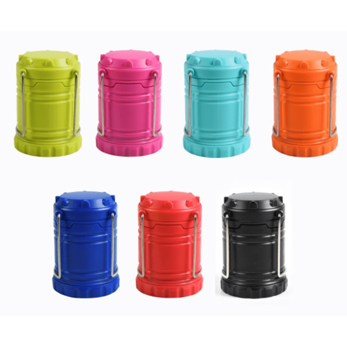 Seven collapsible camping lanterns are displayed in a row. The colors from left to right are: lime green, pink, turquoise, orange, blue, red, and black. Each lantern has a metal handle on its side.