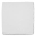 A square, white microfiber cleaning cloth with slightly frayed edges, displayed on a plain, light background.
