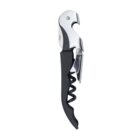 A black and silver corkscrew with a folding design, featuring a worm, foil cutter, and bottle opener. It is positioned upright against a plain white background.