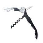 A stainless steel corkscrew with a black handle, featuring a serrated foil cutter and bottle opener, is extended and isolated on a white background.