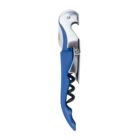 A blue and silver corkscrew with a foil cutter and bottle opener. The handle is curved for grip, and a spiral metal screw is folded out, ready for use.