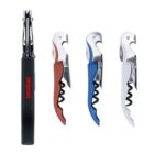 A black multitool next to three corkscrews in red, blue, and white. All are neatly aligned and feature bottle openers and foil cutters.