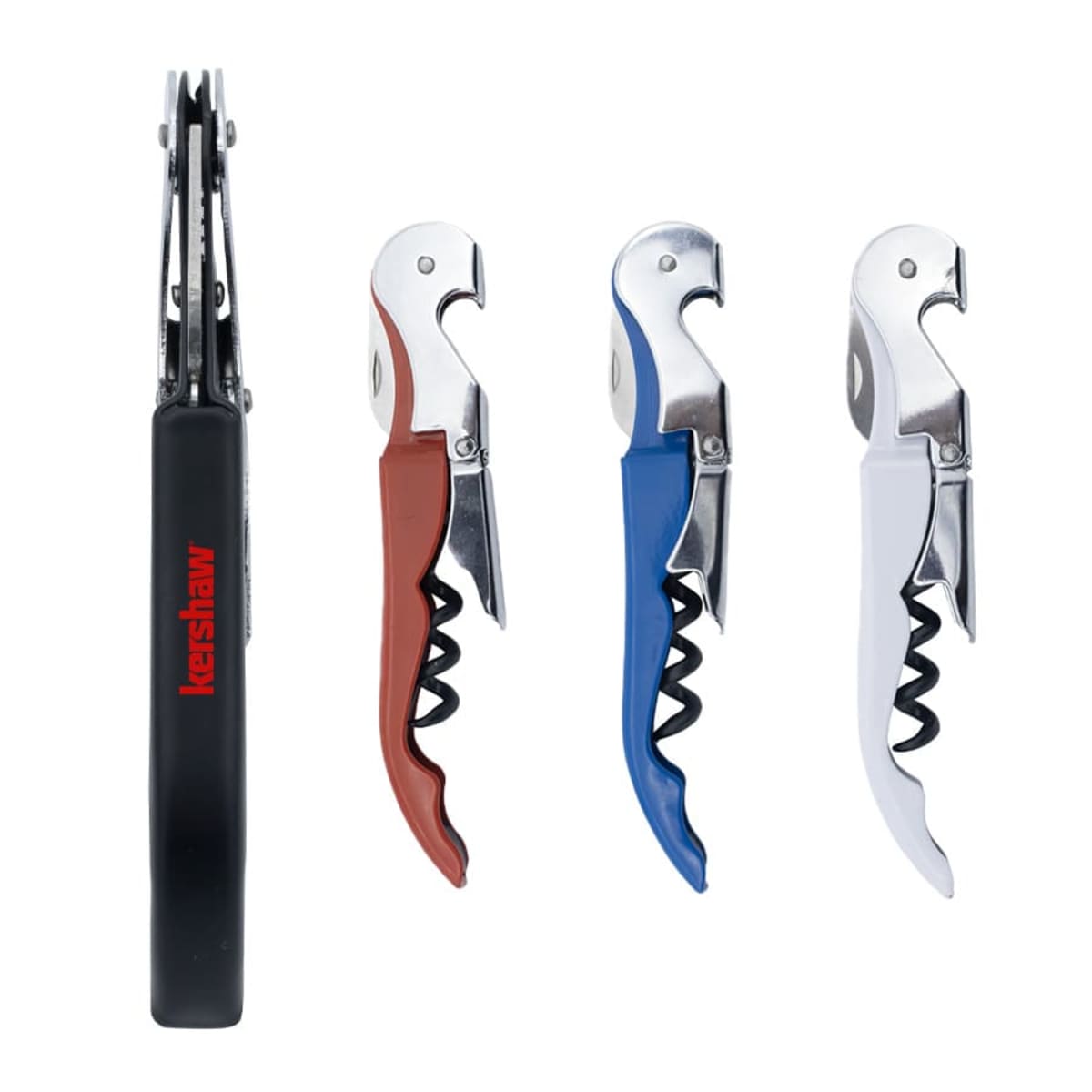 A black multitool next to three corkscrews in red, blue, and white. All are neatly aligned and feature bottle openers and foil cutters.