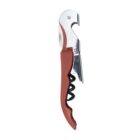 A red and silver waiters corkscrew with a foldable knife and bottle opener. The corkscrew is slightly extended, showing its spiral design.