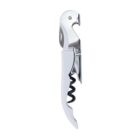 A white and silver corkscrew with a foil cutter and bottle opener attachment, folded in a compact position.