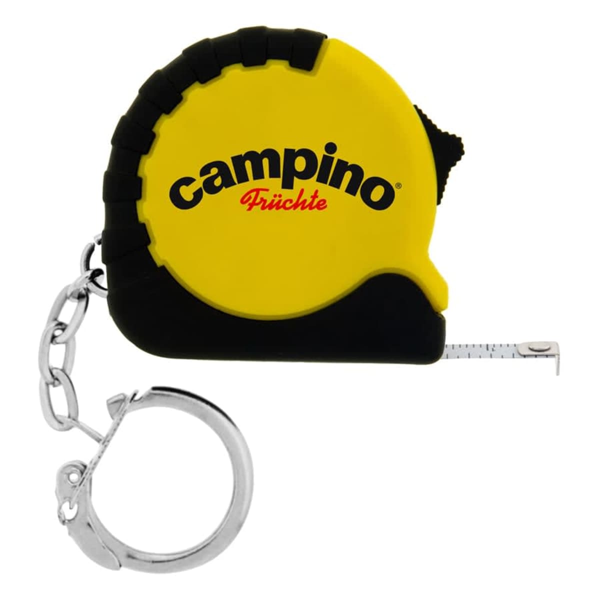 A yellow and black tape measure keychain with the text campino Früchte on the side. The tape measure is partially extended and attached to a silver keyring.