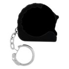 A black tape measure with a metal keychain attached. The tape measure has a curved, compact design and a textured grip on top. The keychain has a simple metal ring and a short chain linking it to the device.