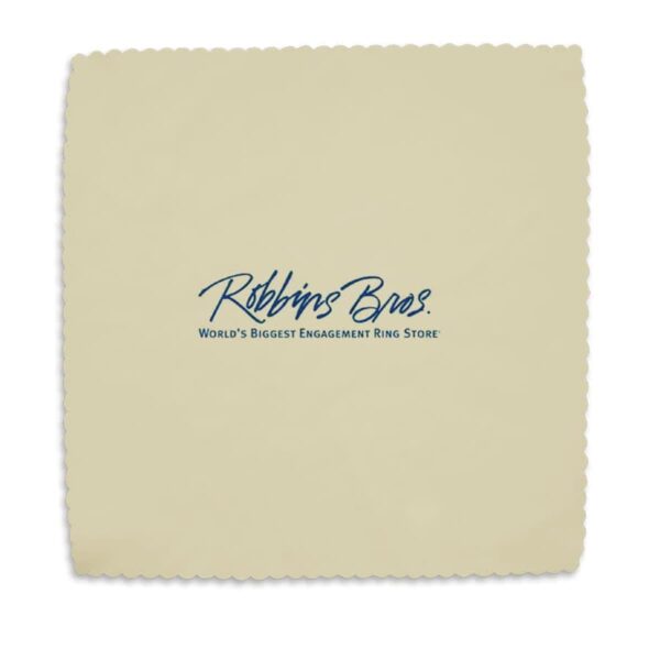 A soft beige cloth with scalloped edges. The center features the logo Robbins Bros. Worlds Biggest Engagement Ring Store in italicized dark blue text.