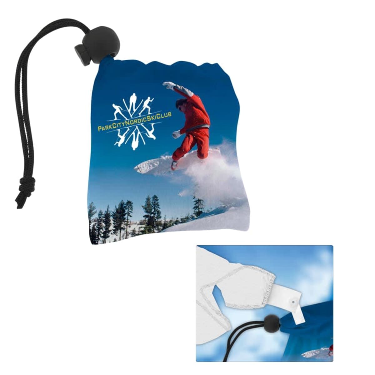 A drawstring pouch with an image of a snowboarder in mid-air above snow-covered trees. The pouch features a Park City Nordic Ski Club logo. Theres an inset showing the pouchs white interior and black drawstring closure.