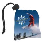 A drawstring pouch featuring an image of a snowboarder in mid-air against a blue sky background. The snowboarder is wearing a red outfit. The text Park City Nordic Ski Club appears over a snowflake design. Trees are visible in the background.