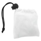 White drawstring pouch with a black cord and adjustable plastic stopper.