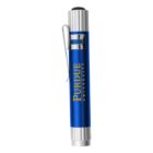 A blue Purdue University pen with a metallic clip and silver accents, standing upright.