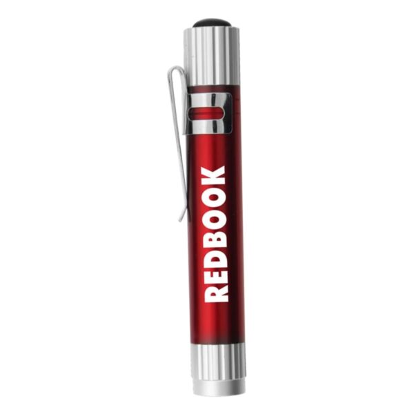 A red and silver penlight with a pocket clip, labeled REDBOOK, is shown against a white background.