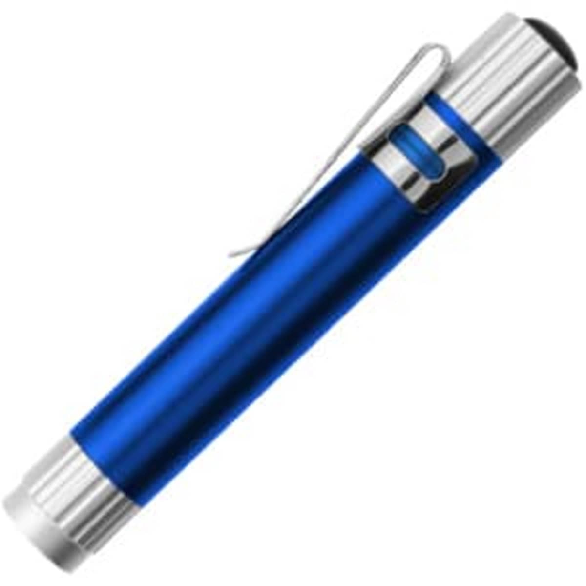 A blue and silver metallic pen-style flashlight with a clip, lying diagonally against a white background.