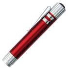A red and silver pocket flashlight with a clip attachment lies against a white background. The flashlight has metallic ends and a sleek, compact design.