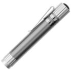 A silver pocket flashlight with a black button on one end and a clip attached to its side. The flashlight is compact and sleek, positioned diagonally, with metallic accents on both ends.