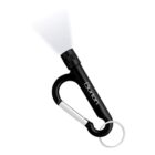 A black carabiner with a small flashlight attached at one end and a keyring at the other. The flashlight is turned on, emitting a beam of light. The word Burton is printed in white on the side of the carabiner.