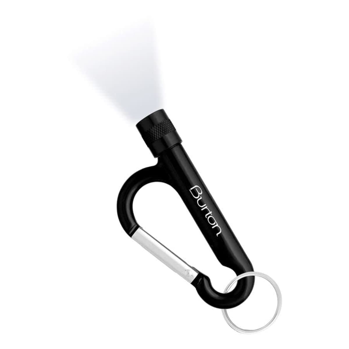A black carabiner with a small flashlight attached at one end and a keyring at the other. The flashlight is turned on, emitting a beam of light. The word Burton is printed in white on the side of the carabiner.